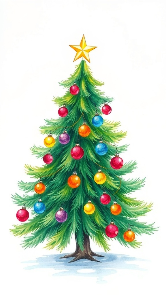 A colorful Christmas tree drawing with ornaments and a star on top against a snowy backdrop.